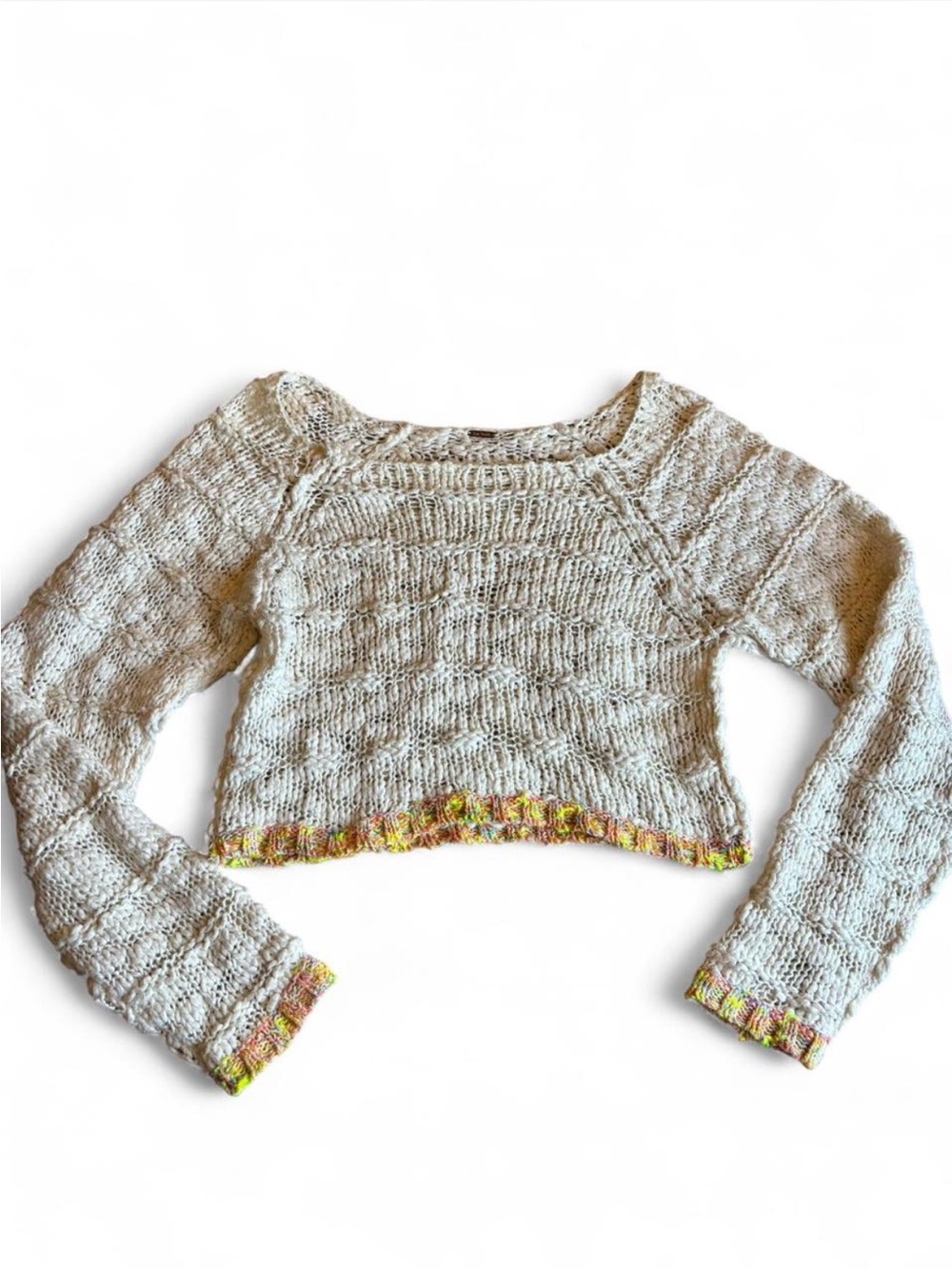Free People Cropped Cream Knit Sweater with Contrast Trim